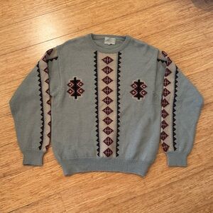 Light gray tribal print 100% wool crewneck sweater
